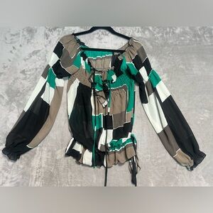 Kaelyn Max Peasant Blouse Top Women’s Large Colorblock Lace Up Green Black